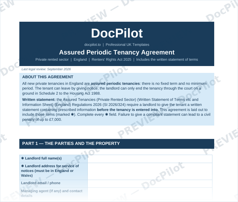 Preview of page 1 of the DocPilot Assured Periodic Tenancy Agreement, showing the about box and Part 1 parties and property table