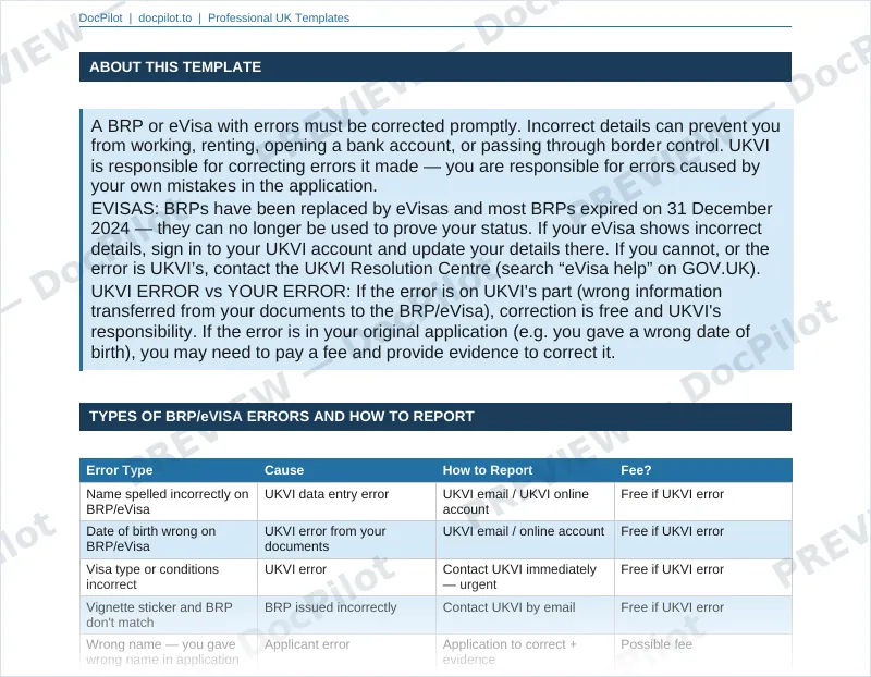 Preview of the top of page 2 of the DocPilot BRP / eVisa Error Correction Letter (watermarked)