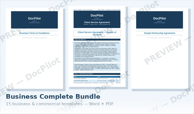 Preview of the first pages of three documents in the DocPilot Business Complete Bundle