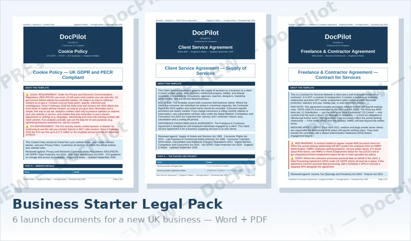 Preview of the first pages of three documents in the DocPilot Business Starter Legal Pack