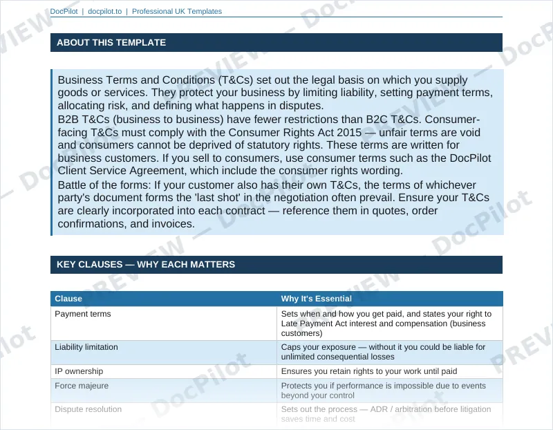 Preview of page 2 of the DocPilot Business Terms and Conditions, showing the key clauses table
