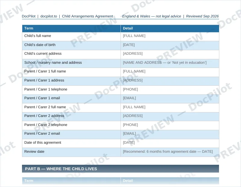 Preview of page 2 of the DocPilot Child Arrangements Agreement, showing the child and parties table