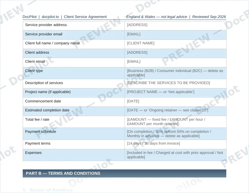 Preview of page 2 of the DocPilot Client Service Agreement, showing the parties and project table