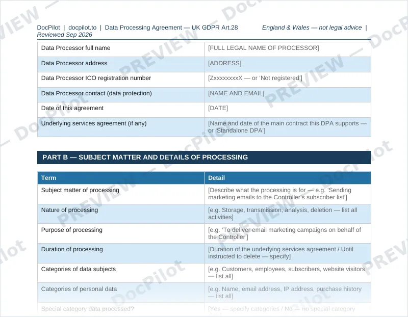 Preview of page 2 of the DocPilot Data Processing Agreement, showing the parties and processing details