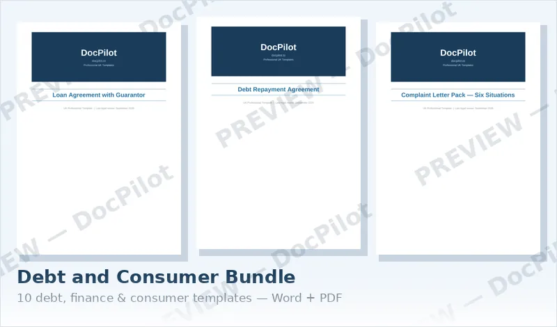 Preview of the first pages of three documents in the DocPilot Debt and Consumer Bundle