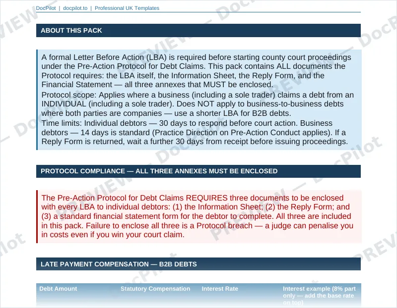 Preview of page 2 of the DocPilot Debt Demand Letter Pack, showing the protocol and late payment tables