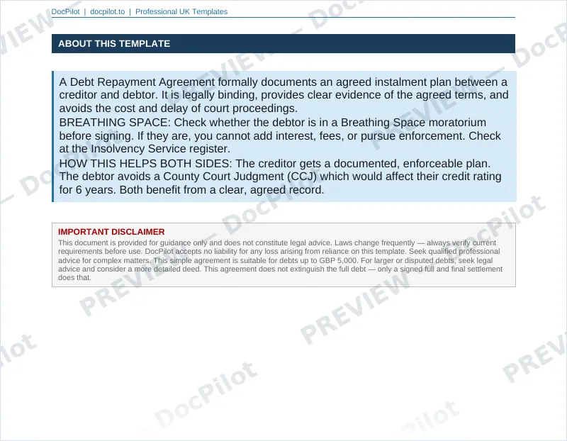 Preview of page 2 of the DocPilot Debt Repayment Agreement, showing the guidance and agreement