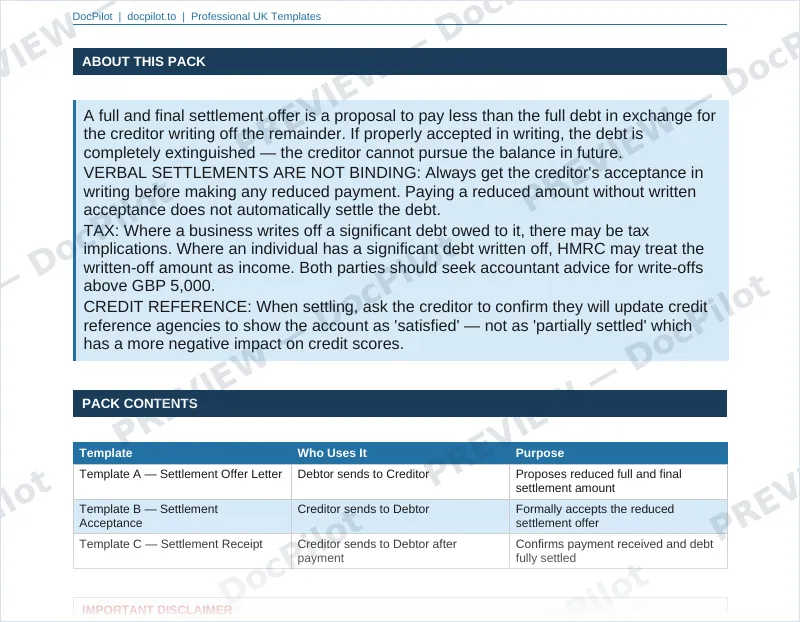 Preview of the top of page 2 of the DocPilot Debt Settlement Letter Pack (watermarked)