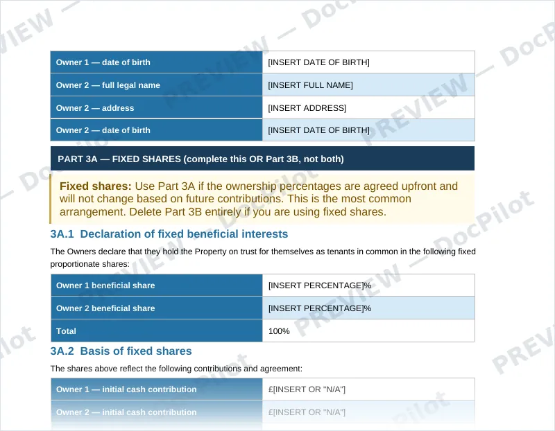Preview of page 2 of the DocPilot Declaration of Trust, showing the fixed shares section
