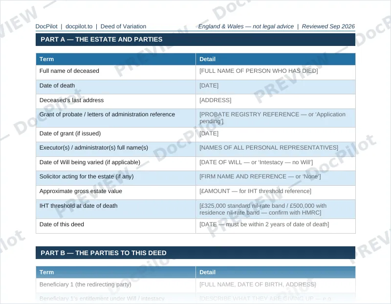 Preview of page 2 of the DocPilot Deed of Variation, showing the estate and parties tables