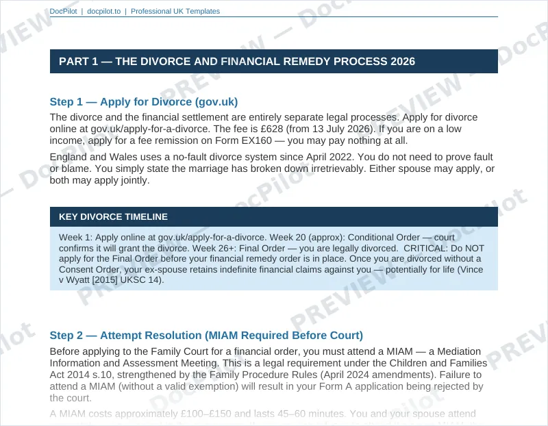 Preview of page 2 of the DocPilot Divorce Financial Remedy Pack, showing the divorce process guide