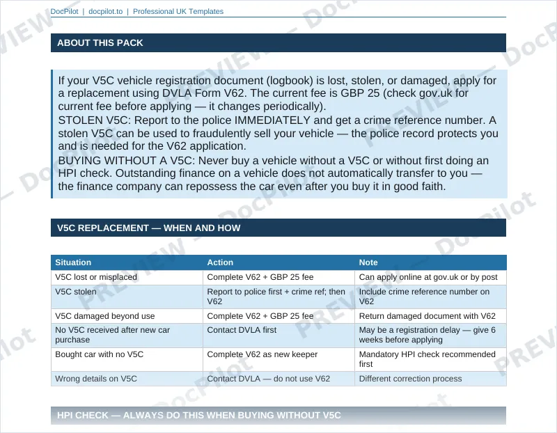 Preview of the top of page 2 of the DocPilot DVLA V62 Logbook Letter (watermarked)