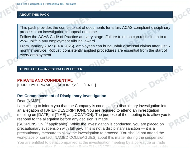 Preview of page 2 of the DocPilot Employee Disciplinary Pack, showing the investigation and hearing letters