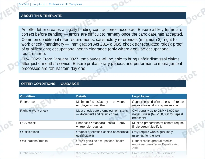 Preview of page 2 of the DocPilot Employee Offer Letter, showing the offer conditions guidance