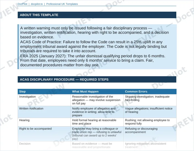 Preview of page 2 of the DocPilot Employee Written Warning Letter, showing the Acas procedure table
