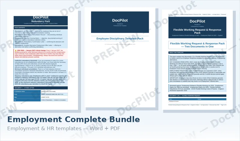Preview of the first pages of three documents in the DocPilot Employment Complete Bundle