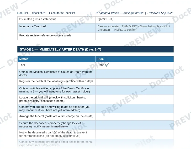 Preview of page 2 of the DocPilot Executor's Checklist, showing the estate administration stages