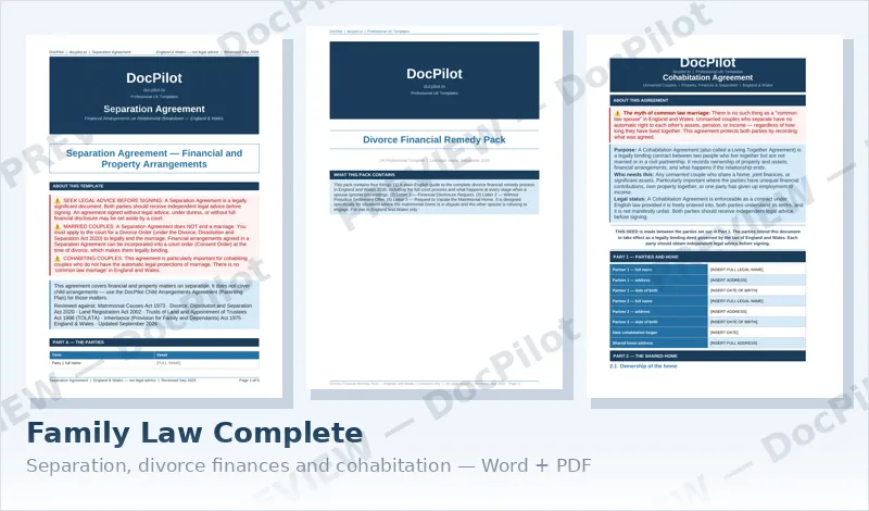 Preview of the first pages of the three documents in the DocPilot Family Law Complete bundle