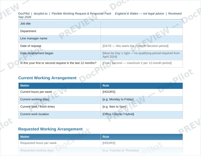 Preview of page 2 of the DocPilot Flexible Working Request and Response Pack, showing the request form