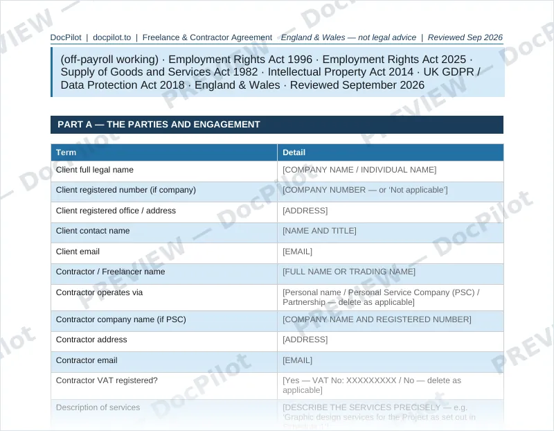 Preview of page 2 of the DocPilot Freelance and Contractor Agreement, showing the parties and engagement table