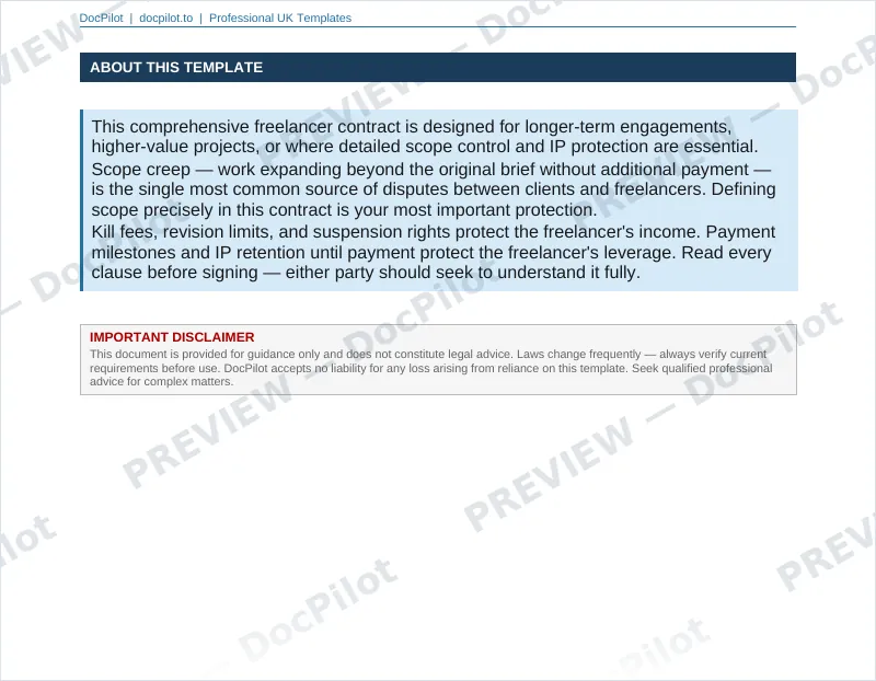 Preview of the top of page 2 of the DocPilot Freelancer Contract (Comprehensive) (watermarked)