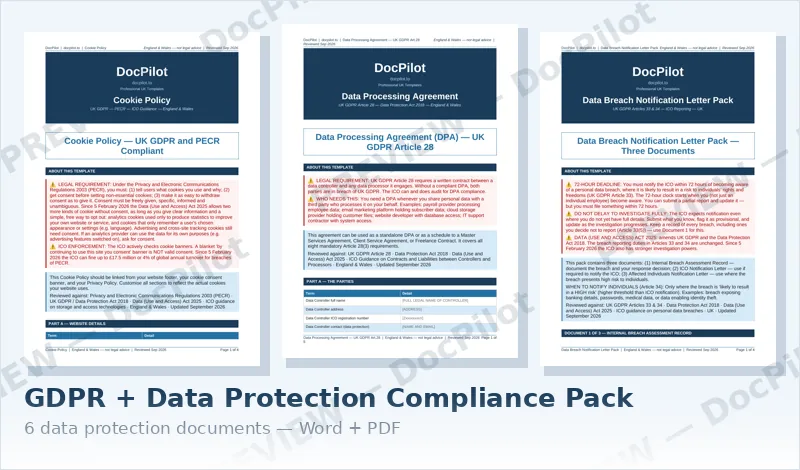Preview of the first pages of three documents in the DocPilot GDPR and Data Protection Compliance Pack