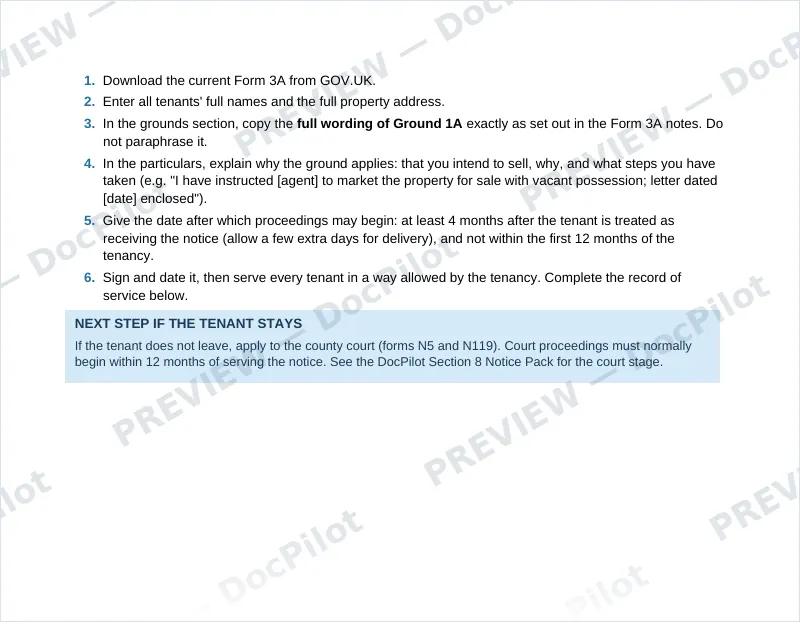 Preview of page 2 of the DocPilot Ground 1A Possession Notice Pack, showing the Form 3A completion steps