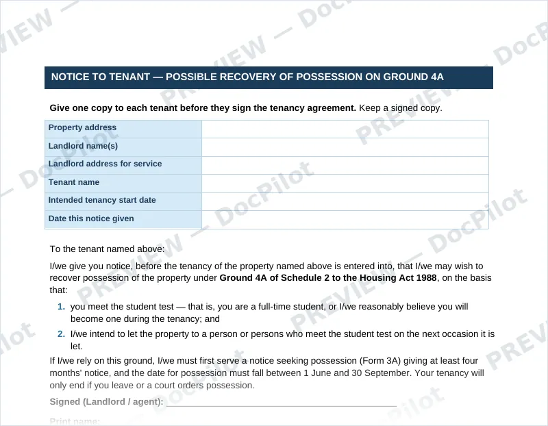 Preview of page 2 of the DocPilot Ground 4A Confirmation Notice, showing the notice to the tenant