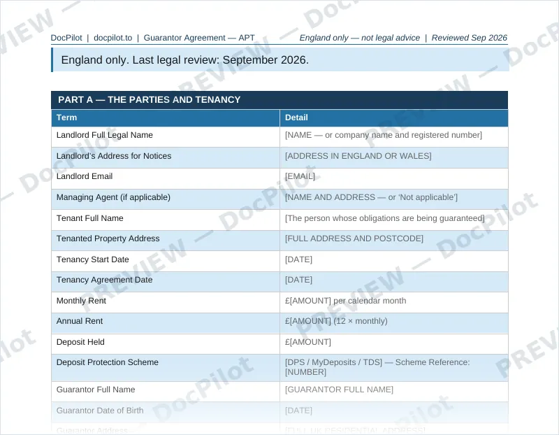 Preview of page 2 of the DocPilot Guarantor Agreement, showing the parties and tenancy table