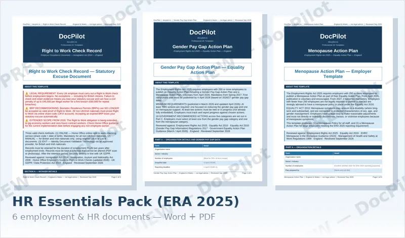 Preview of the first pages of three documents in the DocPilot HR Essentials Pack