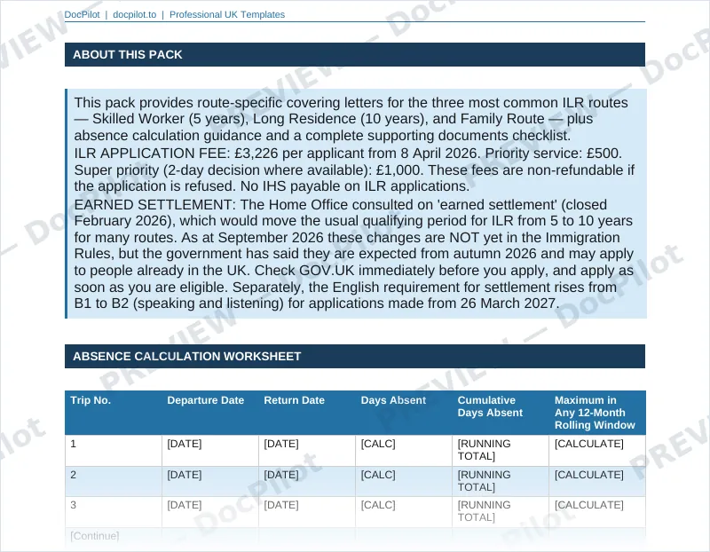 Preview of page 2 of the DocPilot ILR Cover Letter Pack, showing the absence calculation worksheet