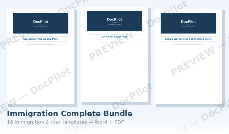 Preview of the first pages of three documents in the DocPilot Immigration Complete Bundle
