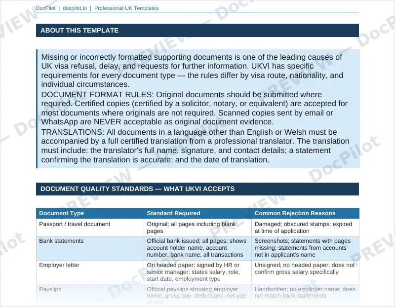 Preview of the top of page 2 of the DocPilot Immigration Evidence Checklist (watermarked)