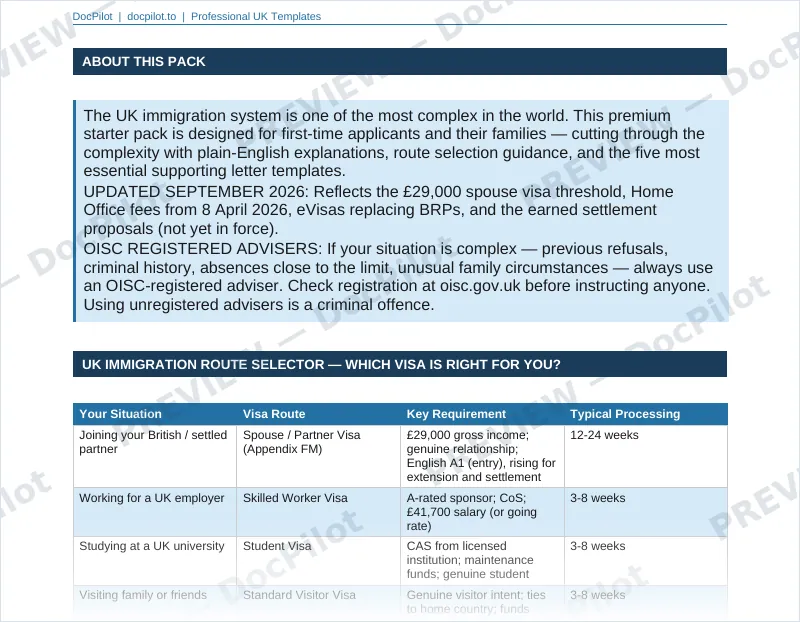 Preview of the top of page 2 of the DocPilot UK Immigration Starter Pack (watermarked)