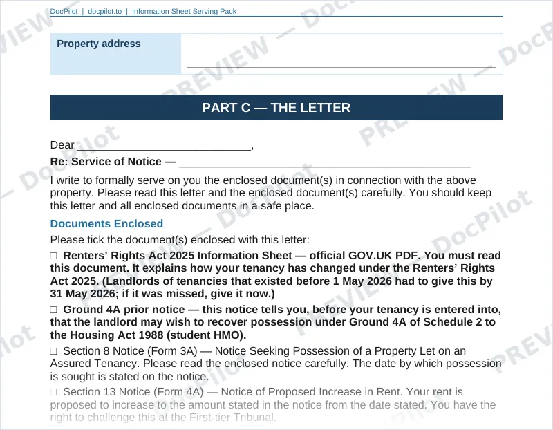 Preview of page 2 of the DocPilot Information Sheet Serving Pack, showing the covering letter