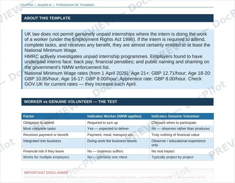 Preview of the top of page 2 of the DocPilot Internship Agreement (watermarked)