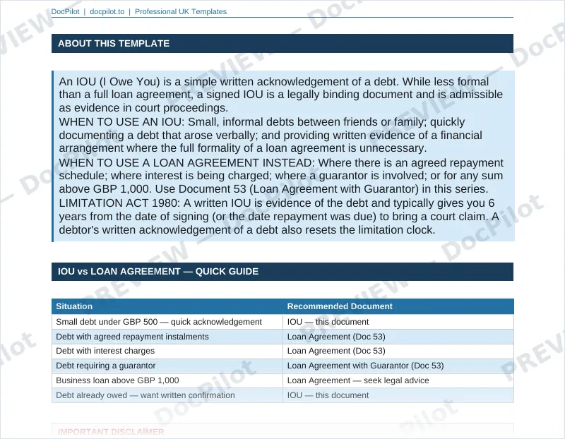 Preview of the top of page 2 of the DocPilot IOU Acknowledgement Form (watermarked)