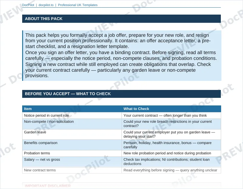 Preview of the top of page 2 of the DocPilot Job Offer Acceptance Pack (watermarked)