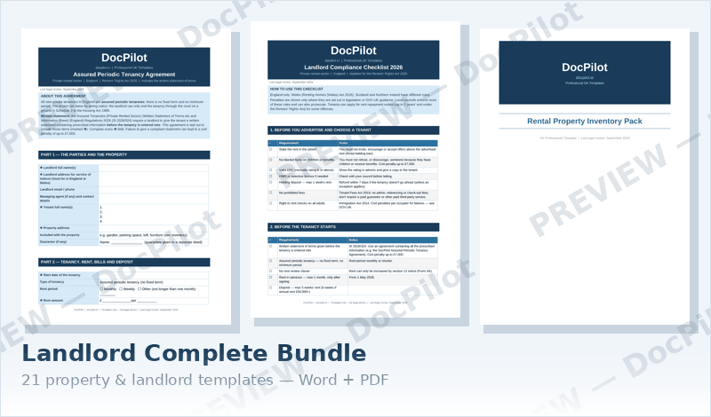 Preview of three documents from the DocPilot Landlord Complete Bundle: the tenancy agreement, compliance checklist and inventory pack