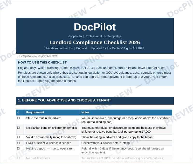 Preview of page 1 of the DocPilot Landlord Compliance Checklist 2026, showing the how-to-use box and sections 1 and 2