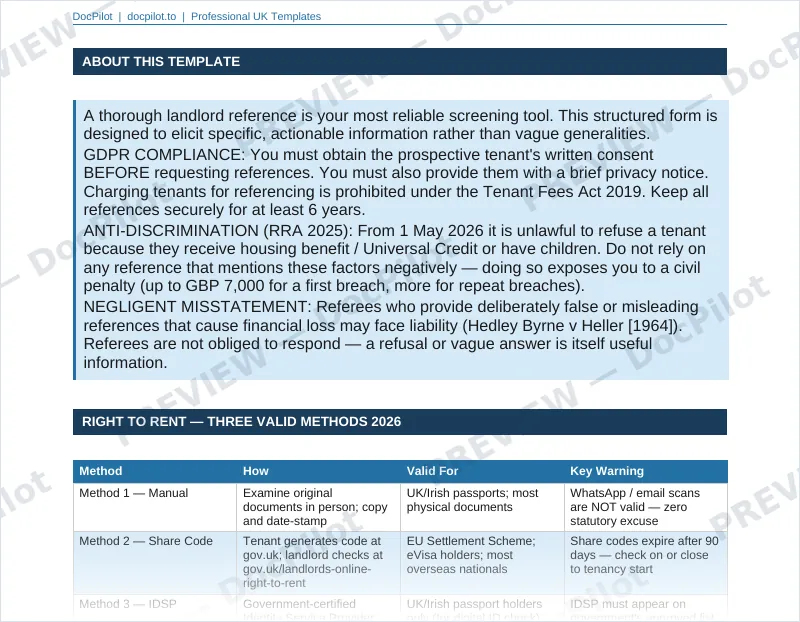 Preview of page 2 of the DocPilot Landlord Reference Request Form, showing the screening guidance