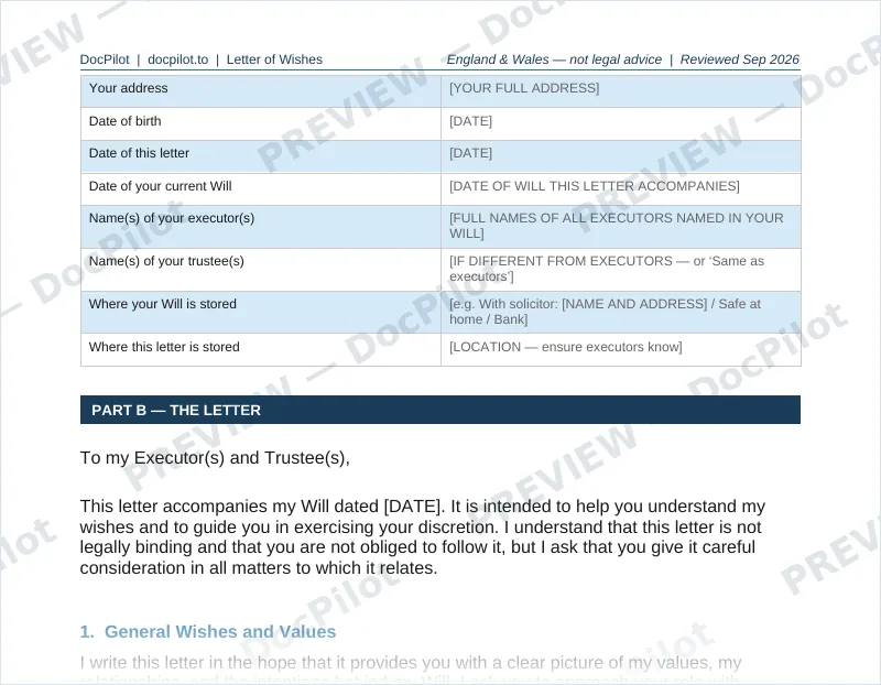 Preview of page 2 of the DocPilot Letter of Wishes, showing the letter sections