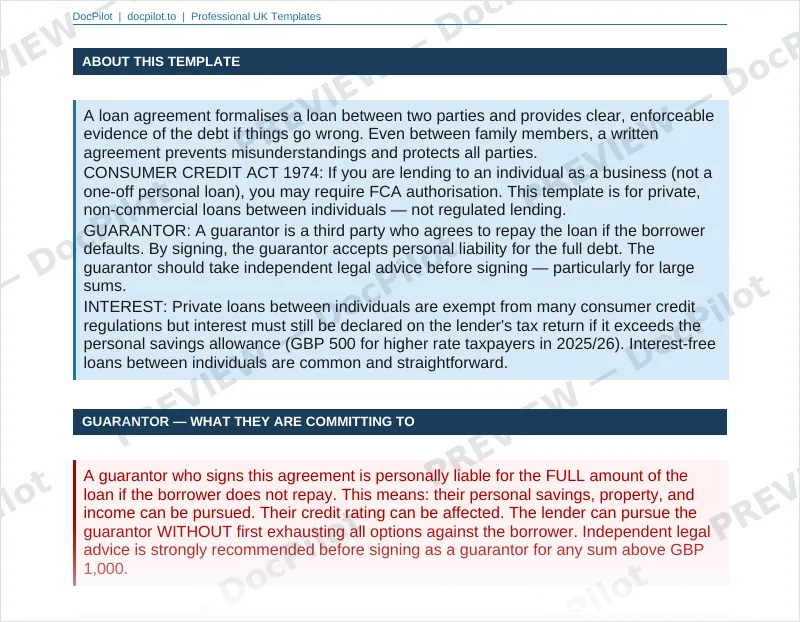 Preview of page 2 of the DocPilot Loan Agreement with Guarantor, showing the guarantor guidance