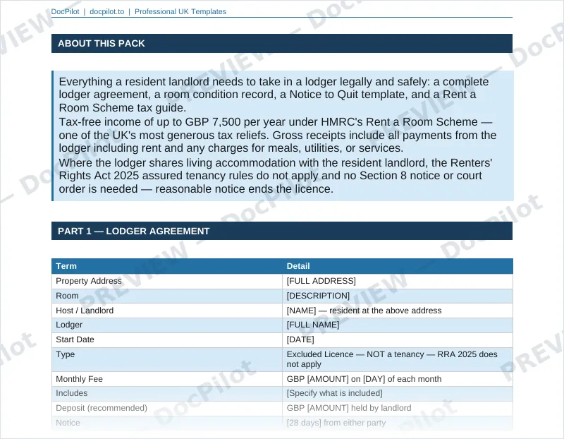 Preview of page 2 of the DocPilot Lodger Agreement Complete Pack, showing the room condition record
