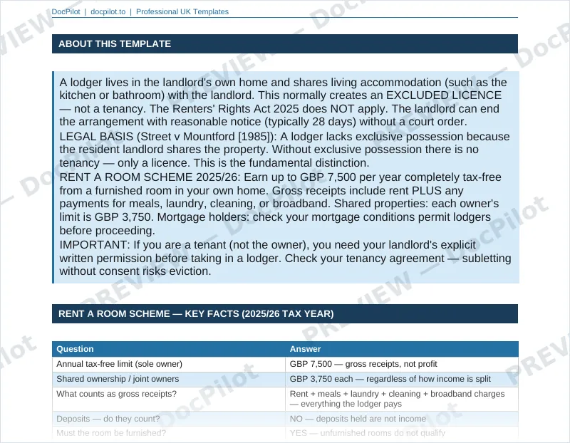 Preview of page 2 of the DocPilot Lodger Agreement Template, showing the lodger agreement table