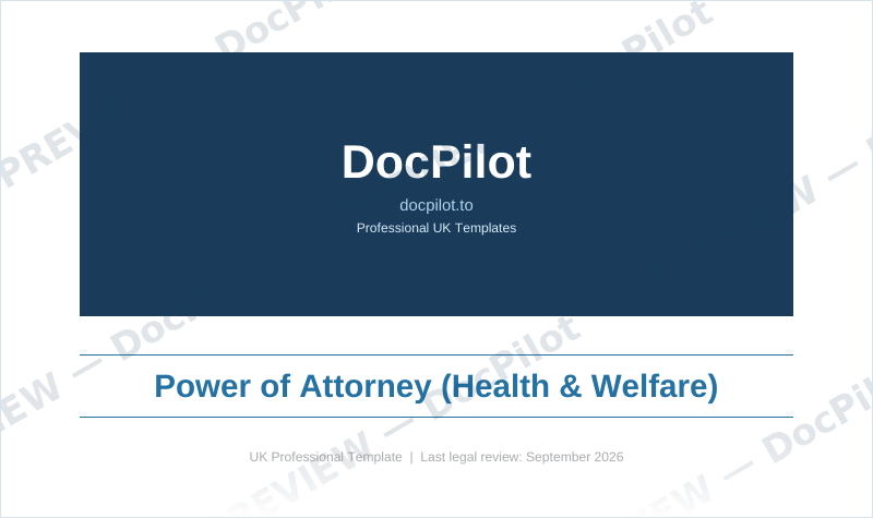 Preview of the cover page of the DocPilot Health and Welfare LPA pack