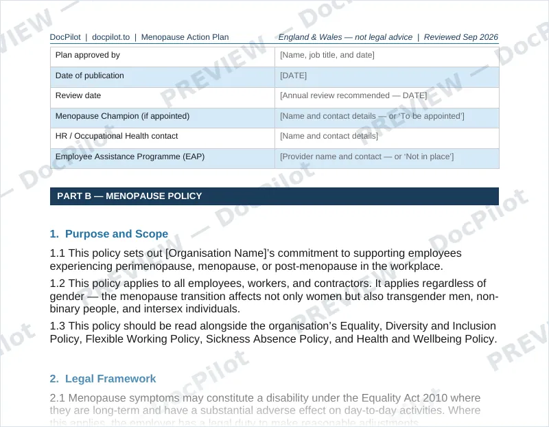 Preview of page 2 of the DocPilot Menopause Action Plan, showing the organisation details and policy