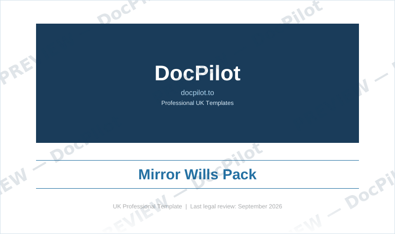 Preview of the cover page of the DocPilot Mirror Wills Pack