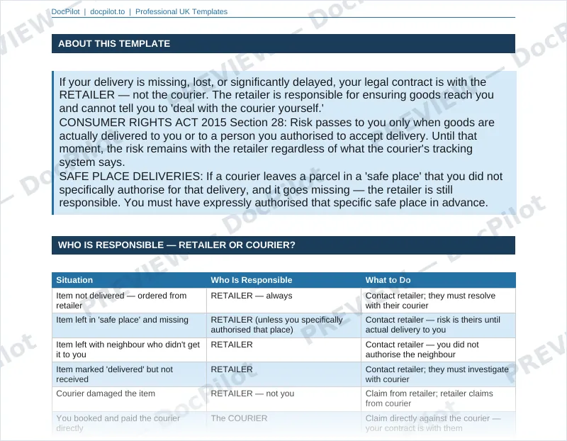 Preview of the top of page 2 of the DocPilot Missing Delivery Complaint Letter (watermarked)