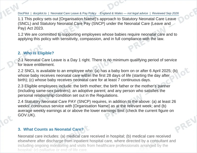 Preview of page 2 of the DocPilot Neonatal Care Leave and Pay Policy, showing the eligibility section
